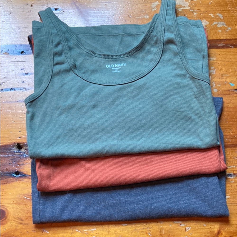 (3) Old Navy ribbed Tank Tops, green,terra cotta, charcoal gray.